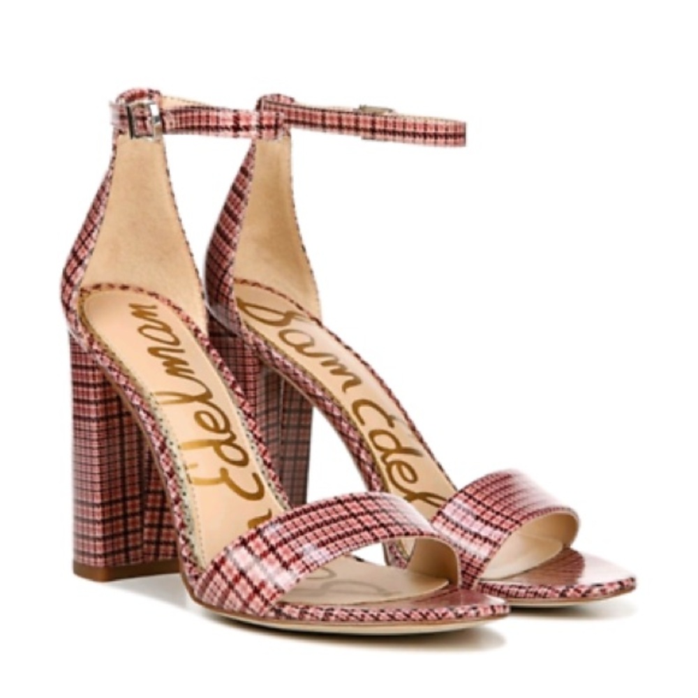 Sam Edelman Yaro Cameo Pink Plaid Block Heel Strappy Sandals | 9.5